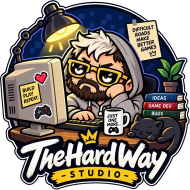 Logo TheHardWay Studio: twórca przy biurku z lampką, kubkiem i śpiącym kotem.
